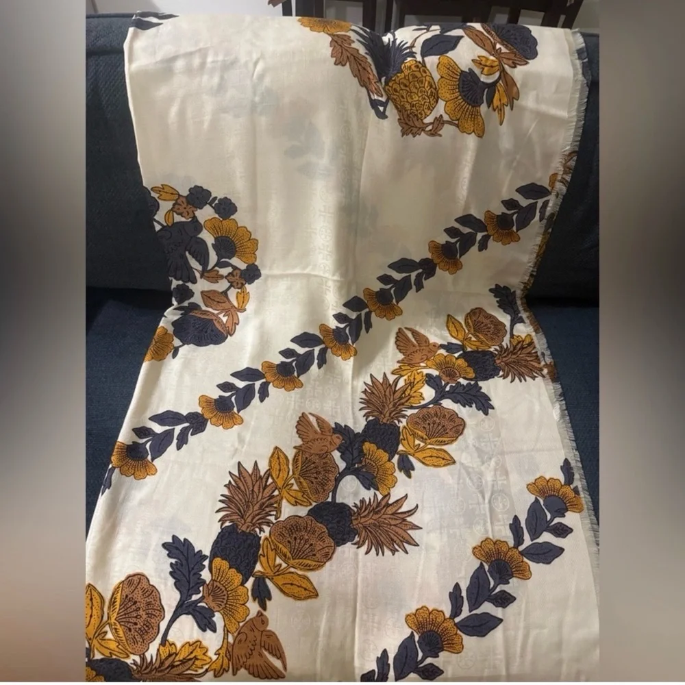 Tory Burch Cream Floral Scarf with Mustard and Navy Blooms - Picture 3 of 5